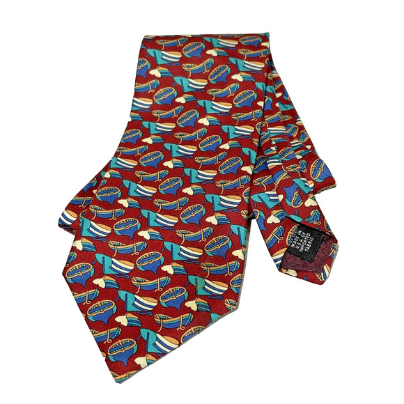 Vintage Christian Dior Monsieur Silk Neck Tie Red Blue Rowboats Luxury Designer - Picture 4 of 7
